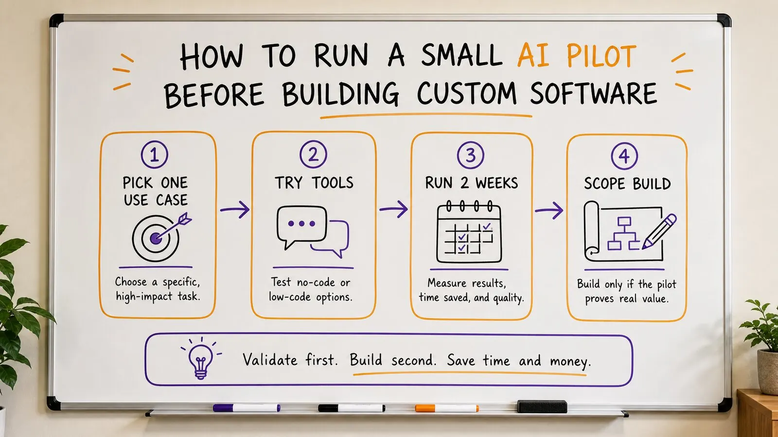 Generated whiteboard image showing a small AI pilot plan: pick one use case, try existing tools, run a two week pilot, then scope the custom build