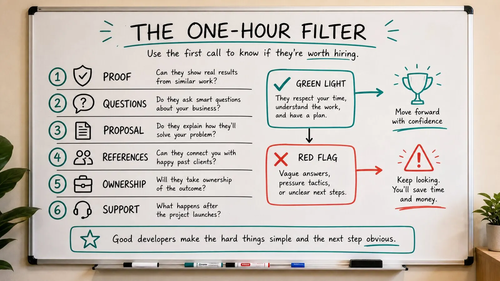 Generated whiteboard image showing the one hour developer hiring filter: proof, questions, proposal, references, ownership, and support