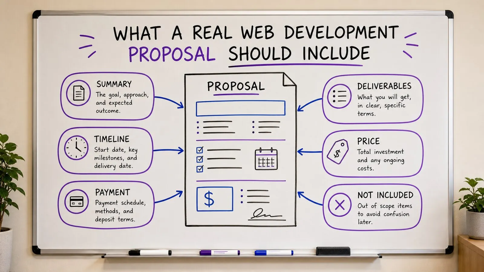 Generated whiteboard image showing what a real web development proposal includes: summary, deliverables, timeline, price, payment, and what is not included