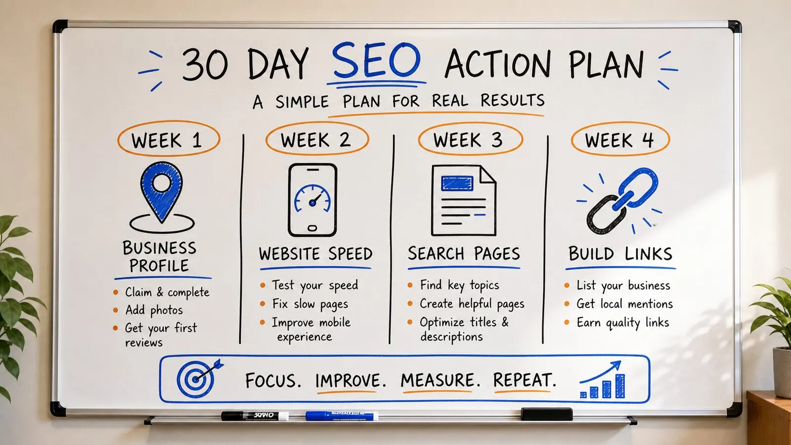 Generated whiteboard image showing a 30 day SEO action plan: update the business profile, fix the website, create search pages, and earn one real link