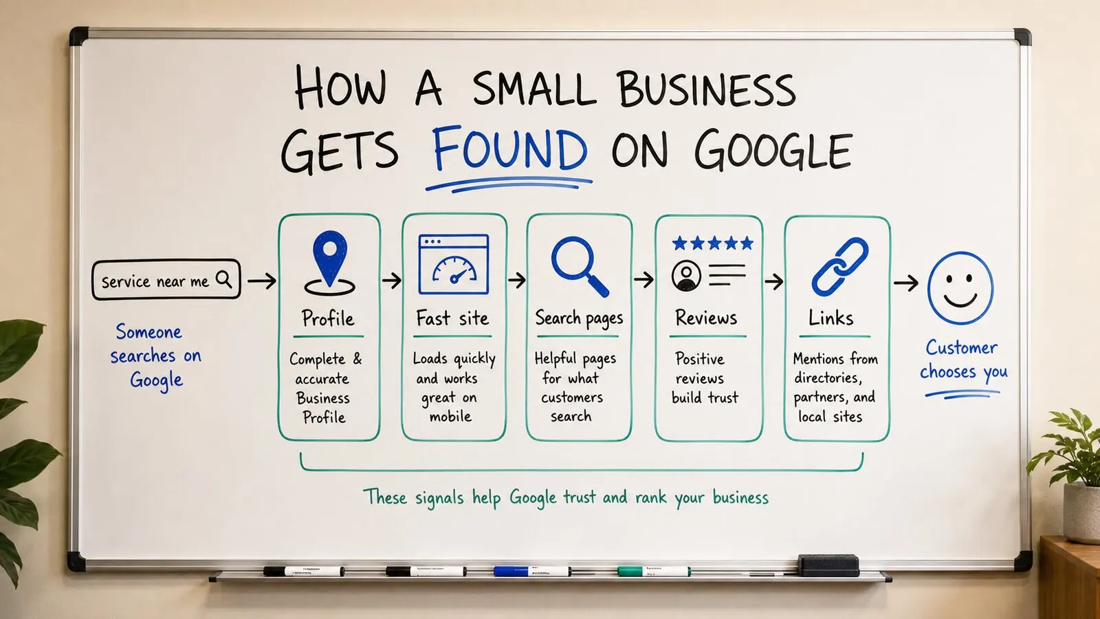 Generated whiteboard image showing five SEO signals that help Google trust a business: business profile, fast website, search pages, reviews, and links