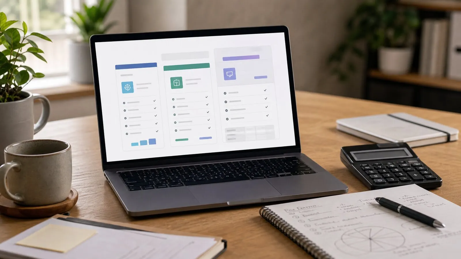 A laptop showing an abstract website pricing comparison on a desk with planning tools A laptop showing an abstract website pricing comparison on a desk with planning tools