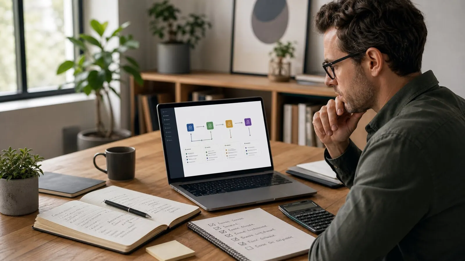 A business owner reviewing a practical AI workflow on a laptop at a modern desk