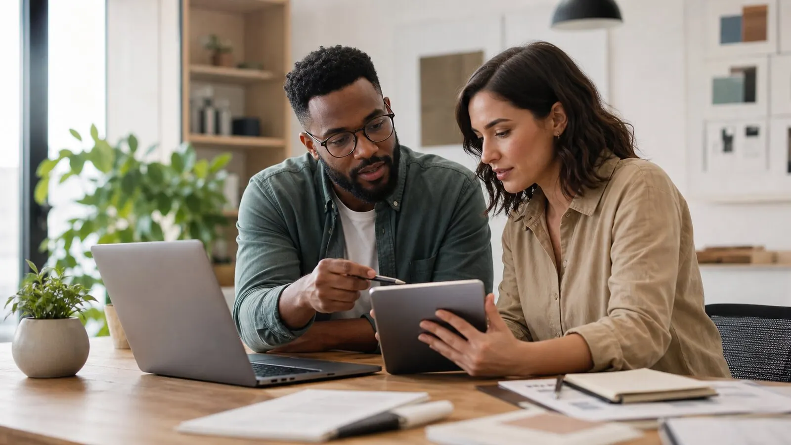 A business owner and web developer reviewing a website layout on a tablet during a discovery meeting