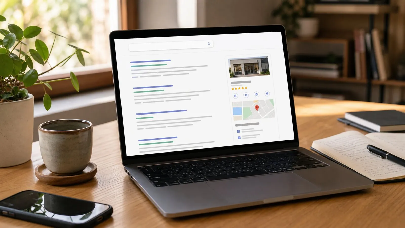 A laptop on a warm desk showing an abstract local search and business profile dashboard
