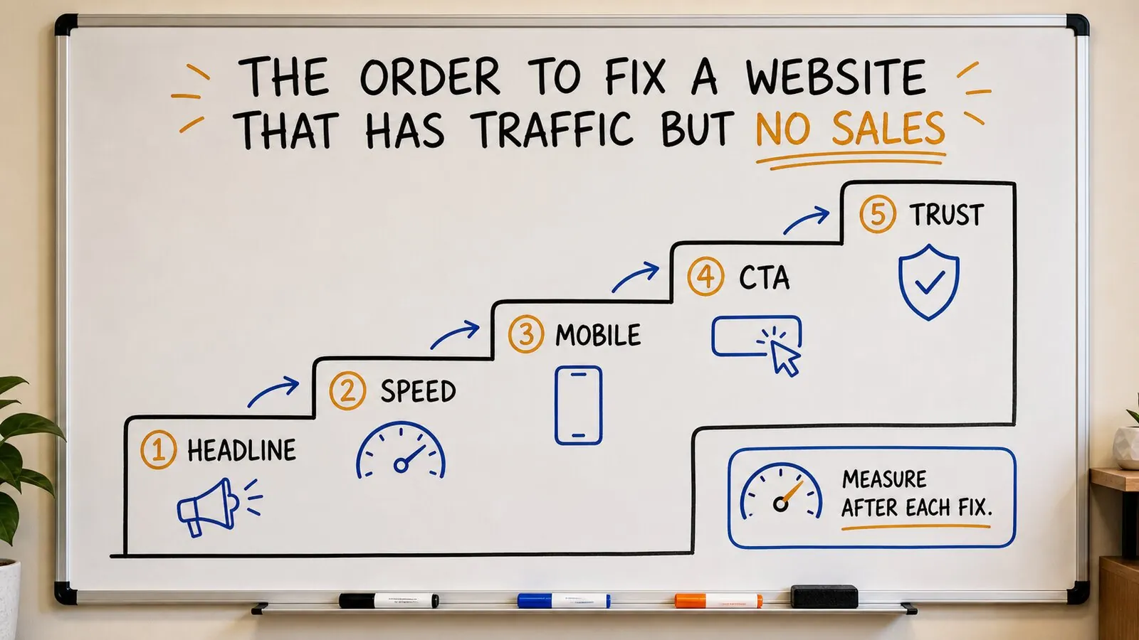 Generated whiteboard image showing the conversion fix order: headline, speed, mobile, CTA, and trust