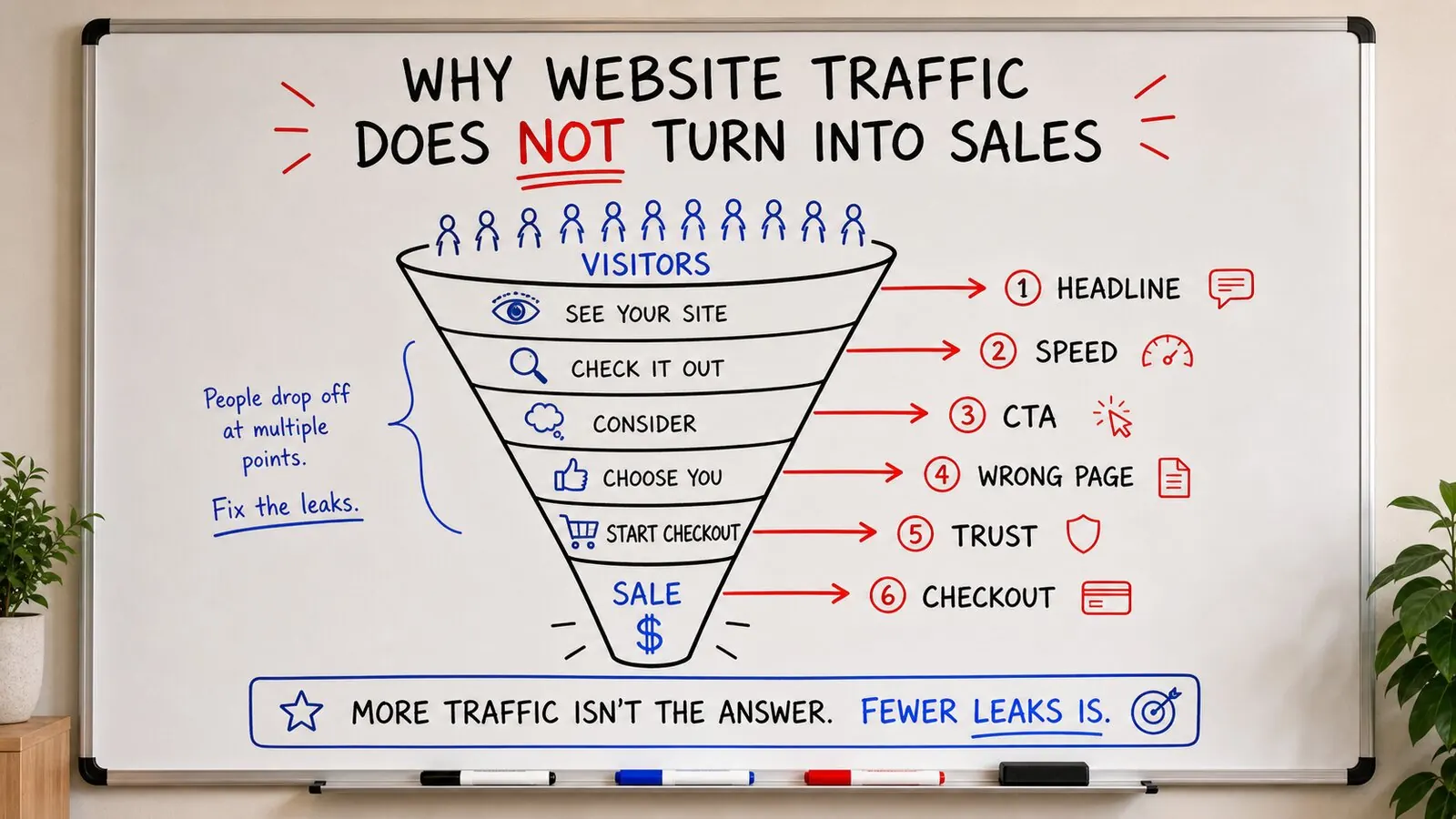 Generated whiteboard image showing six conversion leaks that stop website traffic from becoming sales: headline, speed, CTA, wrong page, trust, and checkout