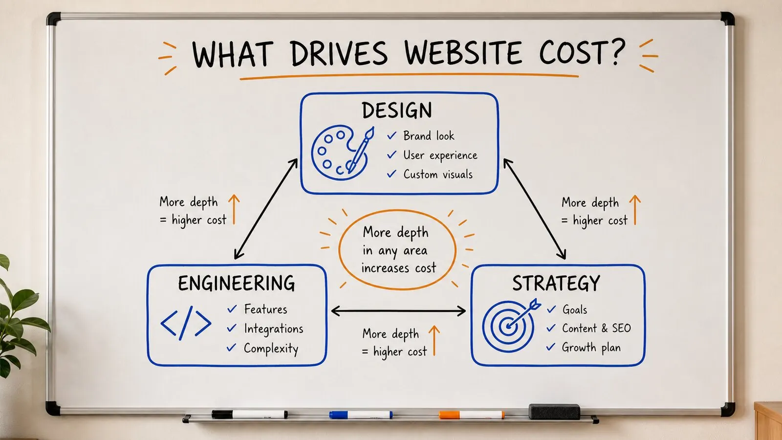 Generated whiteboard image showing the three drivers of website cost: design, engineering, and strategy