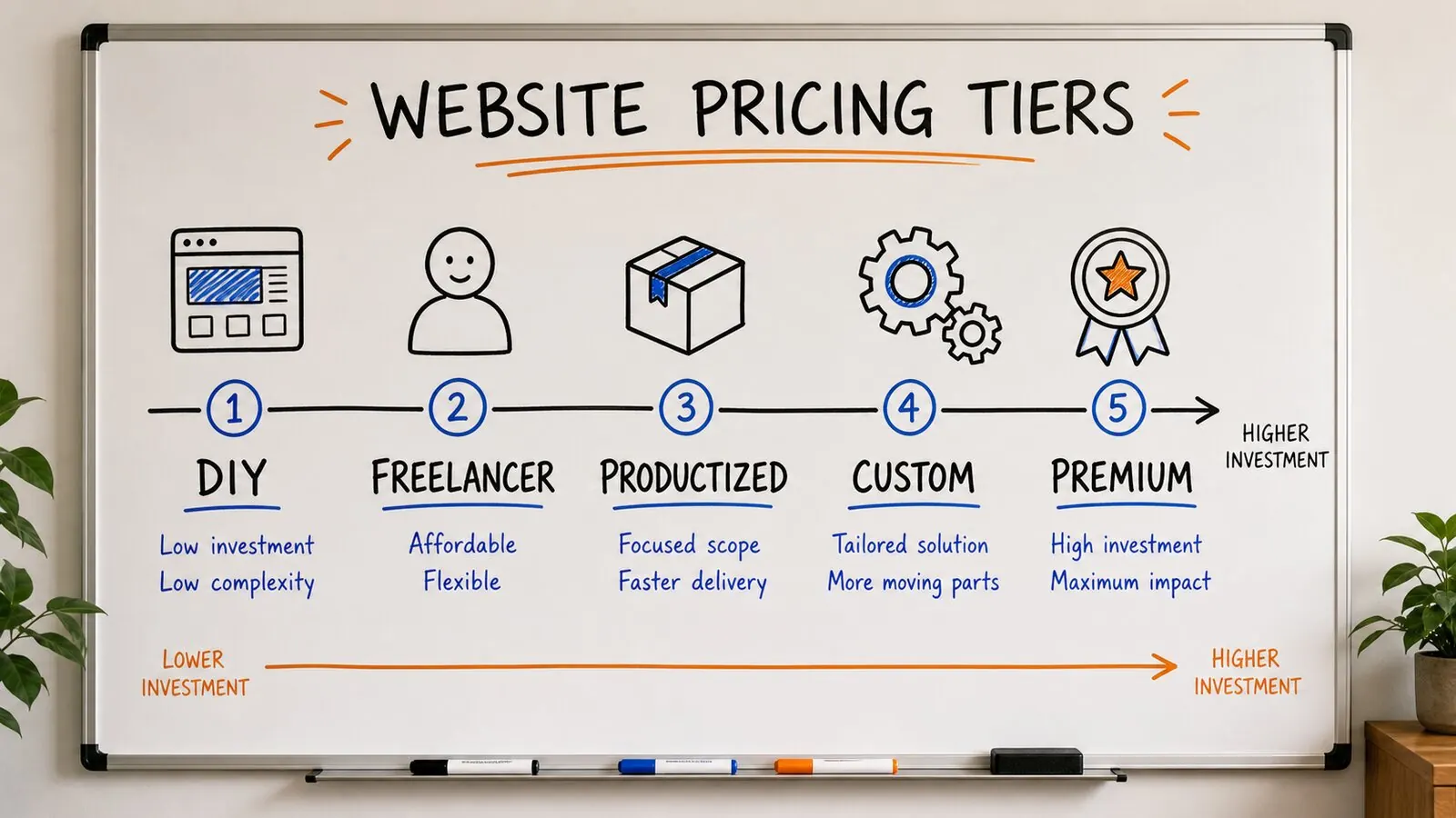 Generated whiteboard image mapping website pricing tiers from DIY and freelancer to productized agency, custom agency, and premium boutique
