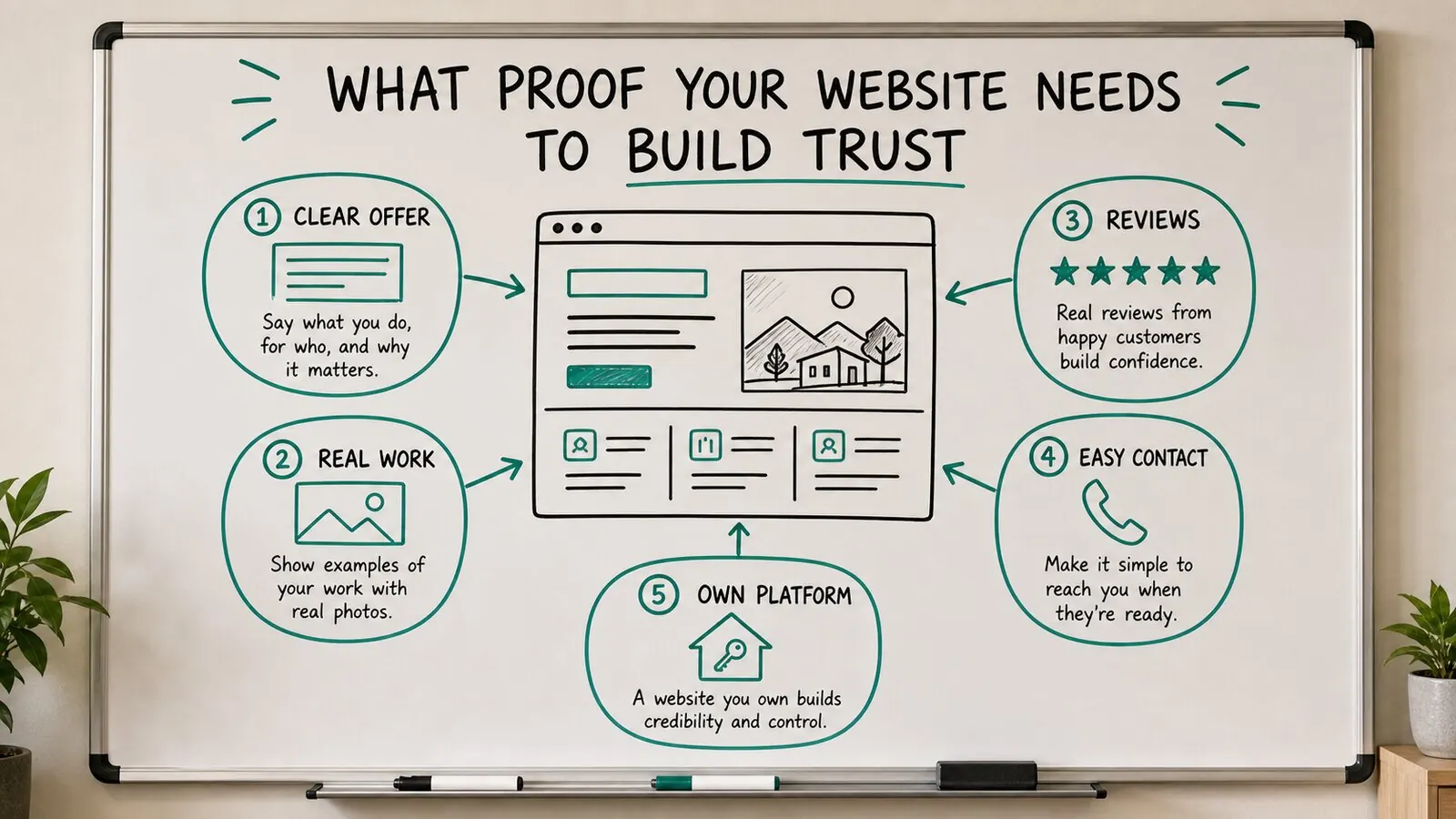Generated whiteboard image showing the proof a business website needs: a clear offer, real work, social proof, easy contact, and ownership