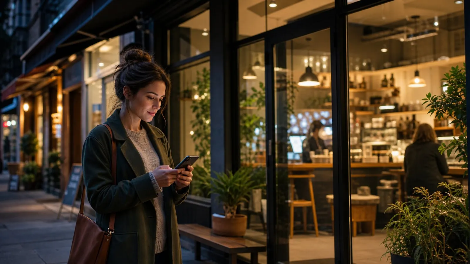 A customer checking a phone outside a warmly lit storefront before walking in A customer checking a phone outside a warmly lit storefront before walking in