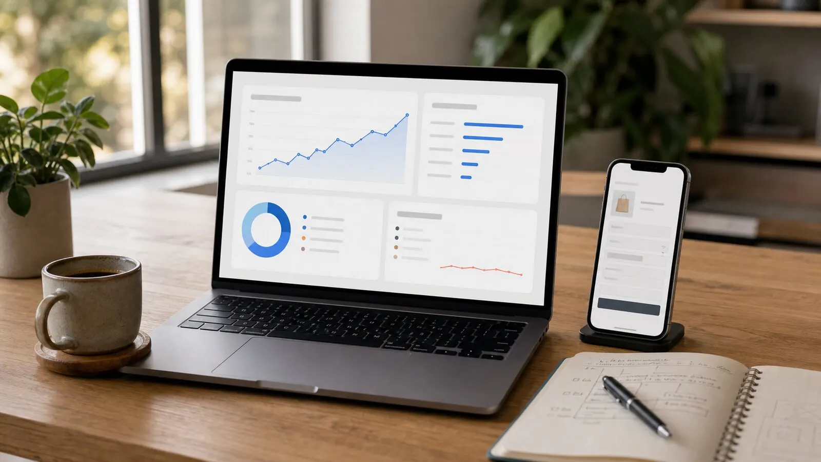 A laptop showing an abstract analytics dashboard with rising visitors and low orders beside a phone checkout screen